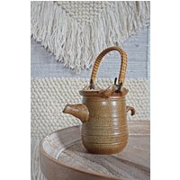 Vintage 70Er Steingut Gefäß Signierte Kunst Handgefertigt Mid Century Dekor Keramik Bambus Griff Braune Erdige Teekanne von ClosiTherapiVintage