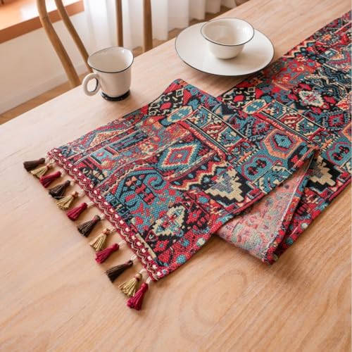 Clothfuna Bohemia Tischläufer, ethnischer Boho, roter Tischläufer, geometrischer Jacquard-Stoff, Tischläufer für Küche, Esstisch (33 x 180 cm) von Clothfuna