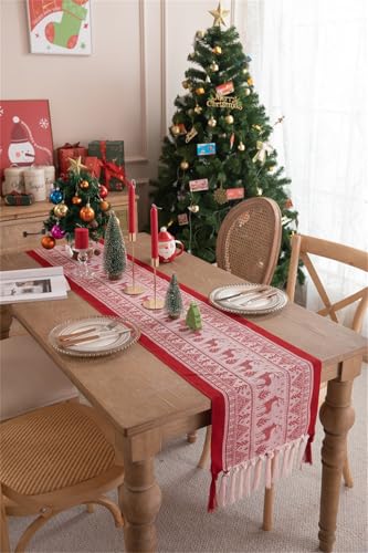 Clothfuna Roter Weihnachtstischläufer, weihnachtlicher Hirsch-Tischläufer, gewebter Baumwoll-Leinen-Tischläufer für Tee, Kaffee, Küche, Esstisch, Dekoration, Party, Urlaub, 33 x 240 cm von Clothfuna