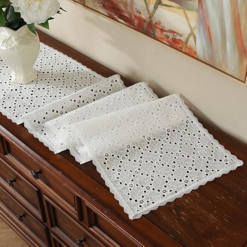 Clothfuna Weißer Baumwoll-Esstischläufer, Spitzenstickerei, Tischläufer mit Blättermuster für Frühling, Couchtisch, Sideboard, Kommode, Dekoration, 32 x 210 cm Clothfuna Weißer Baumwoll-Esstischläufer, Spitzenstickerei, Tischläufer mit Blättermuster für Frühling, Couchtisch, Sideboard, Kommode, Dekoration, 32 x 210 cm von Clothfuna