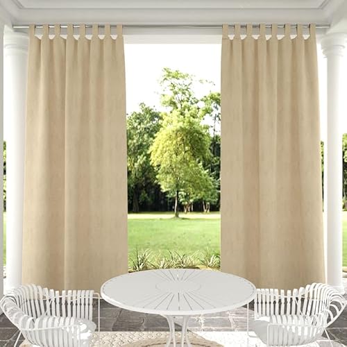 Clothink 2er Set Outdoor Vorhänge Wasserfest Sonnenschutz Winddicht mit Klettband Oben für Terrasse Garten Balkon Familienhaushalte einfache Montage farbecht haltbar(132x215cm, Beige) von Clothink