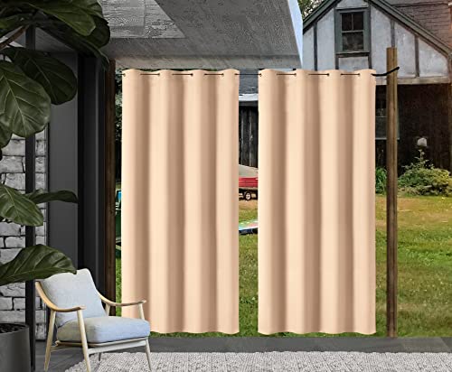 Clothink Outdoor Vorhang Ösen 132x245cm Beige Klein Ösen kann mit Seil aufgehängt - Hitzestau durch Outdoor Vorhang reduzieren im Sommer Sichtschutz Wasserdicht Beschattung für Balkon von Clothink