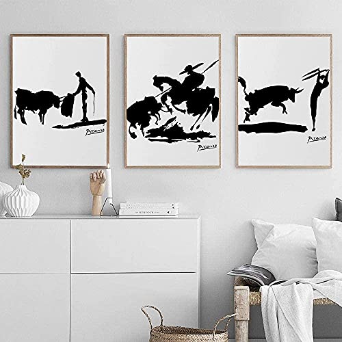 CloudShang Abstrakte Picasso Mensch und Stier Silhouette Poster Spanien Stierkampf Kunstdrucke Schwarz Weiß Stierkampf Wand Bilder Berühmte Gemälde Wohnzimmer Studie Wanddekor J06090 von CloudShang