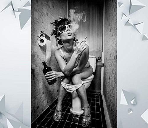 Moderne Toilette Sexy Frau Poster Badezimmer Wand Bilder Bar Mädchen Rauchen und Trinken Leinwand Gemälde Kunstdrucke Badezimmer Bild Schwarz Weiß Gemälde D08065 von CloudShang