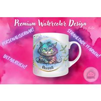 Bunte Alice in Wonderland Tasse Mit Grinsekatze Motiv Und "Every Adventure Requires A First Step' Zitat von CloudyWondersGifts