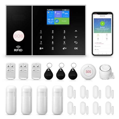 2G Smart-Home-Sicherheitsalarm-Kit, drahtloses WiFi-Heimalarmsystem mit Sirene, PIR-Bewegungssensor, Fernbedienungen, Fenster-/Türsensor, Unterstützung für SMS-Push-/APP-Verbindungsalarm (21pcs Kit) von Clouree