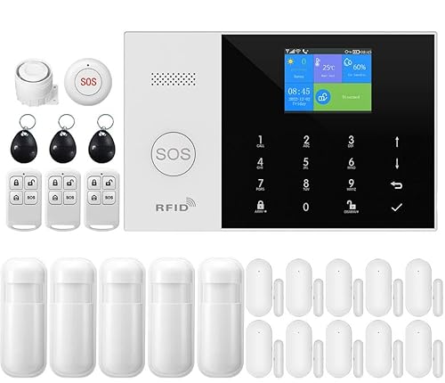 GSM Smart-Home-Sicherheitsalarm-Kit, drahtloses WiFi-Heimalarmsystem mit Sirene, PIR-Bewegungssensor, Fernbedienungen, Fenster-/Türsensor, Unterstützung für SMS-Push-/APP-Verbindungsalarm(24pcs kit) von Clouree