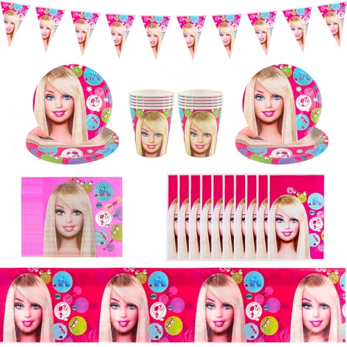 52Pcs Bar-bi Papier Partygeschirr Set, Kindergeburtstag Mädchen Party Geschirr, BarbiPrinzessin Teller Tischdecke Tassen Servietten Banner, Kindergeburtstag Partygeschirr per 10 Ospiti von Clvsyh