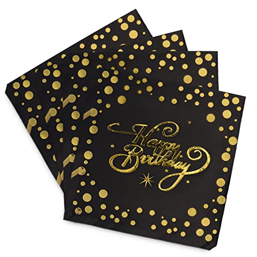 Clvsyh Servietten Happy Birthday, 40 Stück Servietten Geburtstag Schwarz Gold, Papierservietten Paper Napkins, Geburtstagsservietten 33x33cm für Junge Mädchen Geburtstag Party Deko (Schwarz Gold) von Clvsyh