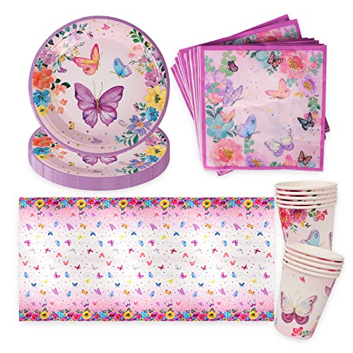 Schmetterling Partygeschirr,41Pcs Schmetterling Kindergeburtstag Dekoration, Pappteller Geschirr Party Supplies Set,Serviette Teller Tischdecke Pappbecher,für Geburtstag Mädchen, Hochzeit Babyparty von Clvsyh