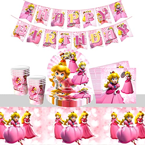 Super Princess Peach Kindergeburtstag Partygeschirr, 42 Geburtstag Geschirr Kit, Geburtstag Deko Partyzubehör, Teller Becher Servietten Tischdecke Banner, für Tischdeko Geburtstag Party Supplies von Clvsyh