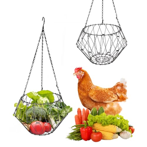 2 Stück Hühner Gemüse Hängende Futterautomat, Faltbar 16.5cm Eisen Huhn Obst Feeder, Huhn Geflügel Obsthalter mit 3 Ketten, Hähnchen Futterautomat, Fütterungs Netzbeutel Hühner für Hühner Ente von Clyfanesy