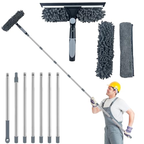 3.2M Fensterreiniger mit Teleskopstange, Professioneller Fensterwischer mit Abzieher und Mikrofasertuch, 2 In 1 Fensterreinigungsset mit 180° Drehbarer Bürstenkopf, Fensterputzer Set (Grau(A)) von Clyfanesy