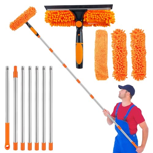 3.2M Fensterreiniger mit Teleskopstange, Professioneller Fensterwischer mit Abzieher und Mikrofasertuch, 2 In 1 Fensterreinigungsset mit 180° Drehbarer Bürstenkopf, Fensterputzer Set (Orange(A)) von Clyfanesy