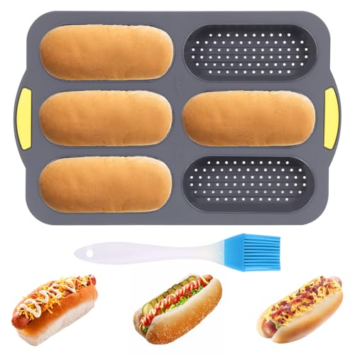 Silikonform Brotbackform, Hotdog Brötchenform mit Ölpinse, Baguette Backform aus Silikon, Antihaftbeschichtet Hot Dog Brötchen, Backblech Brötchen Backblech Brötchen zum Baguetteblechen (Grau) von Clyfanesy