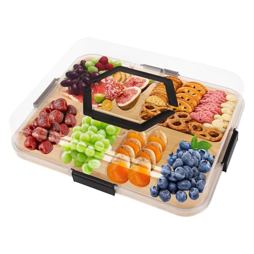 Clyfanesy Snackbox mit 6 Fächern, Geteiltes Serviertablett aus Holz mit Deckel und Griff, Tragbar snackbox Organizer, Praktischer Sofatablett Snackbox, Auslaufsicherer Snackteller Organizer für Nüsse von Clyfanesy