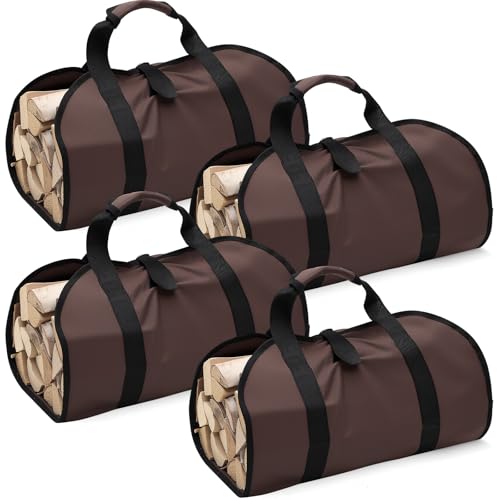 Clysee 4 Stück Kaminholztaschen aus Segeltuch mit Griffen, gewachst, große Kaminholz-Tragetasche, Holzaufbewahrungstasche für Kamin, Kabine, Camping, Outdoor, Dunkelbraun von Clysee