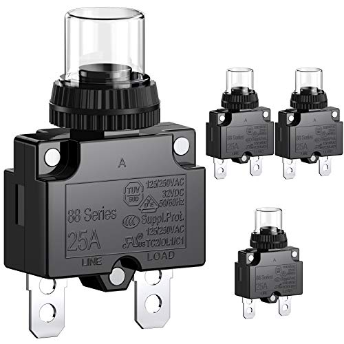 CLDIY 25-A-Leistungsschalter mit thermischem Überlastungsschutz 88 Series Manual Push Button Reset mit Schnellanschlussklemmen und wasserdichter Tastenkappe 32VDC oder 125 / 250VAC 4PCS von Clyxgs