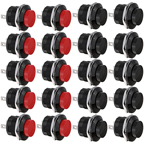 CLDIY SPST Mini-Drucktastenschalter AC250V / 3A AC125V / 6A Ohne Verriegelung Runder Drucktastenschalter Rote Schwarz Kappe 20er-Pack von Clyxgs