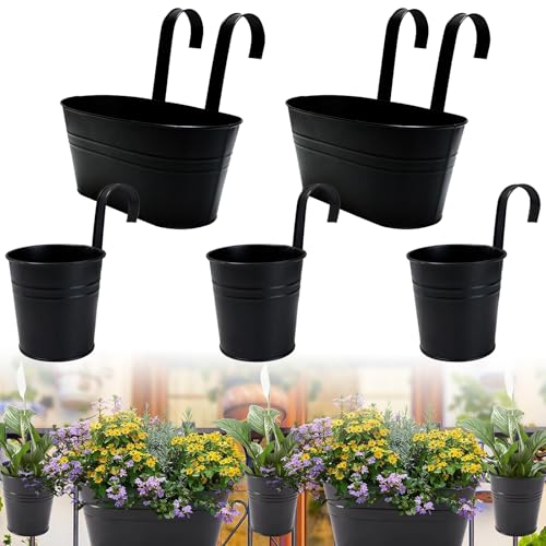 Cnwinu 5er Set Blumentöpfe zum Aufhängen,Blumenkasten Balkon,Blumentopf Hängend aus Metall (27x22x12cm) mit Abnehmbarem Haken&Drainageloch,Balkongeländer,Fenster–Hängende Blumentöpfe zum Aufhängen von Cnwinu