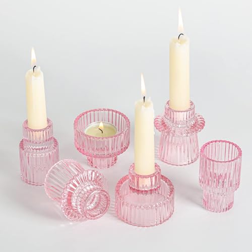 Cnwinu 6er Set Glas Kerzenhalter,2-in-1 Teelichthalter Transparent,Kerzenständer für Stabkerzen,Klein kerzenhalter stabkerze für Hochzeit Tischdeko,Esstisch Party,Weihnachten Advent (Rosa) von Cnwinu