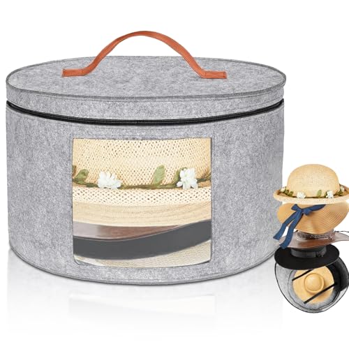 Cnwinu Hutschachtel Rund mit Deckel, 43 x 26 cm – Falbar & Staubdicht mit Reißverschluss, Durchsichtigem Fenster – Feuchtigkeitsschutz Filz Aufbewahrungsbox für Hüte (Hellgrau) von Cnwinu