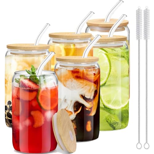 Cnwinu Trinkbecher mit Deckel und Strohhalm,Kaffeetassen Set 6er,16 OZ Bubble Tea Set,Bubble Gläser für Milchtee,Latte,Macchiato,Eiskaffee, Soda, Säfte (6) von Cnwinu