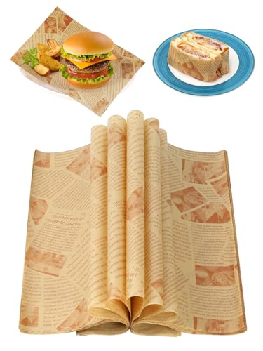 CoKeeSun 120 Blatt Deli Papierblätter, 32 * 22cm Backpapier Zeitungsoptik, Burger Papier, Einschlagpapier Fettdicht, Butterbrotpapier Wiederverwendbar, Wrap Papier für Sandwich, Pommes Frites von CoKeeSun