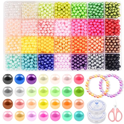 CoKeeSun 2100 Stück Bunte Perlen, 28 Farben 6mm Perlen für Armbänder, Perlenset zum Auffädeln, Bastelperlen Rund mit Löchern mit 2 Gummischnüre und 1 Schere für Schmuck, Halsketten, Ohrringe, DIY von CoKeeSun