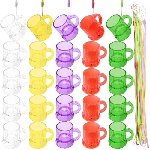 CoKeeSun 25 Stück Schnapsgläser Mit Griff, Schnapskrug zum umhängen 30ML, Wiederverwendbar 3CL Kunststoff Schnapsglas mit Henkel am Band becher zum umhängen für Junggesellnabschiede Fasching Karneval von CoKeeSun