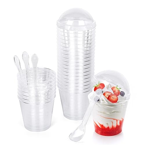 CoKeeSun 30 Stück Desserttassen mit Deckel und Löffeln 160ml/5.6 oz Runde Dessertbechern Set Wiederverwendbar Plastik Dessertbecher für Dessertparty Pudding Mousse Eis von CoKeeSun