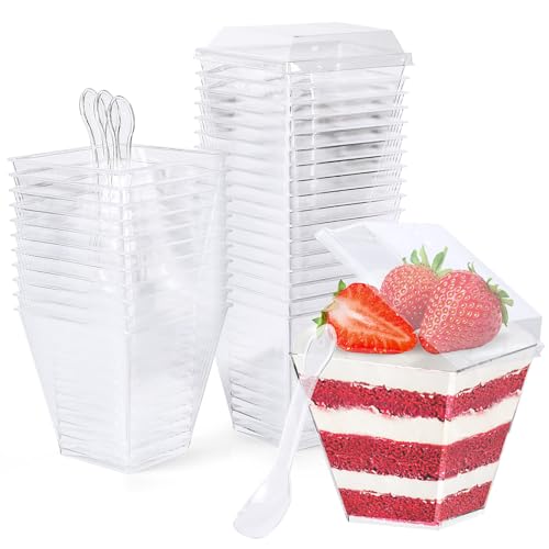 CoKeeSun 30 Stück Desserttassen mit Deckel und Löffeln, 240ml/8.4oz Quadratischer Dessertbechern Set, Wiederverwendbar Dessertbecher für Dessertparty Pudding Mousse Eis von CoKeeSun