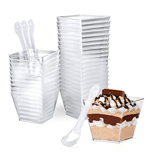 CoKeeSun 30 Stück Desserttassen mit Löffeln, 115ml/4oz Quadratischer Dessertbechern Set, Wiederverwendbar Plastik Dessertbecher für Dessertparty Pudding Mousse Eis von CoKeeSun