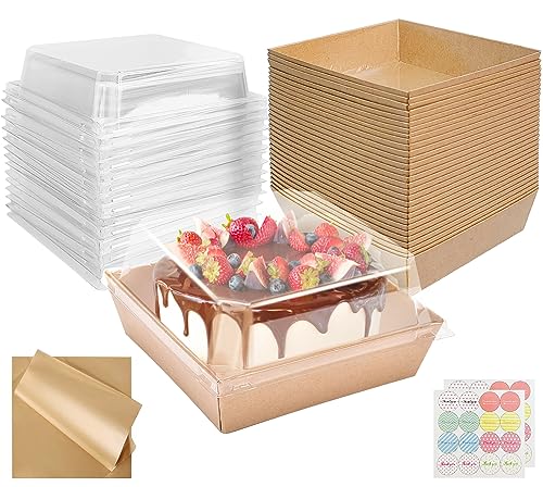 CoKeeSun 30 Stück Kuchen Transportbox Pappe,12cm Muffin transportbox mit Transparentem Deckel, Cupcake Box mit Backpapier und Aufkleber, Take Away Box für Sandwich, Macarons (Braun) von CoKeeSun