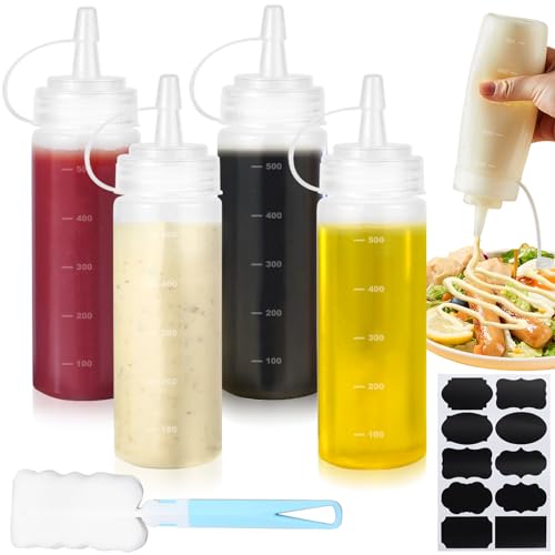 CoKeeSun 4 Stück Squeeze Flasche, 500ml Quetschflasche mit Kappen, 16oz Saucenflasche, Kein Leck Condiment Flaschen mit Reinigungsbürste für Backen Ketchup Scharfe Soße Olivenöl Senf Malen Pigment von CoKeeSun