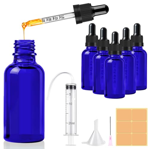 CoKeeSun 5 Stück 30ml Glasflasche mit Pipette, Wiederverwendbar Pipettenflasche, Blau Apothekerflasche mit Trichter, Spritze, Etikett für Ätherische Öle Aromatherapie-Düfte von CoKeeSun