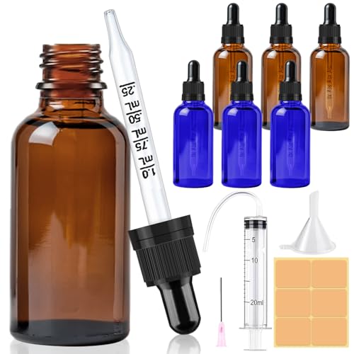 CoKeeSun 6 Stück 30ml Glasflasche mit Pipette, Wiederverwendbar Pipettenflasche, Blau und Braunglasflasche Apothekerflasche mit Trichter, Spritze, Etikett für Ätherische Öle Aromatherapie-Düfte von CoKeeSun