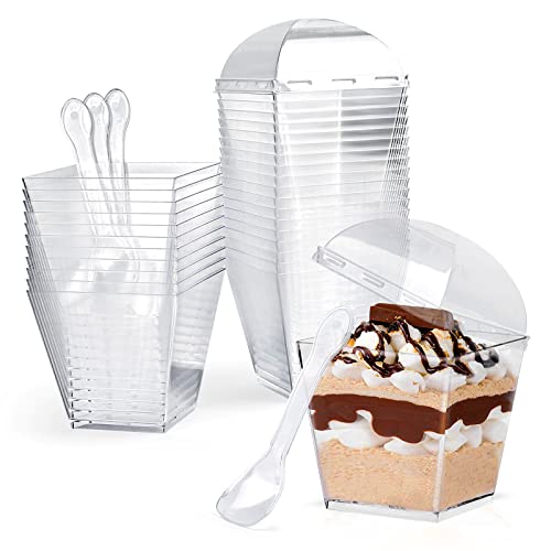 CoKeeSun 60 Stück Desserttassen mit Deckel und Löffeln 200ml/7oz Quadratischer Dessertbechern Set Wiederverwendbar Plastik Dessertbecher für Dessertparty Pudding Mousse Eis von CoKeeSun