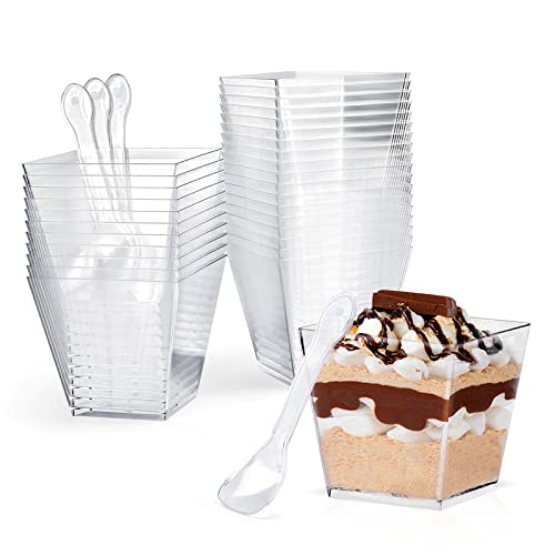 CoKeeSun 60 Stück Desserttassen mit Löffeln, 200ml/7oz Quadratischer Dessertbechern Set, Wiederverwendbar Plastik Dessertbecher für Dessertparty Pudding Mousse Eis von CoKeeSun