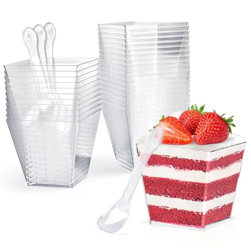 CoKeeSun 60 Stück Desserttassen mit Löffeln, 200ml/7oz Quadratischer Dessertbechern Set, Wiederverwendbar Dessertbecher für Dessertparty Pudding Mousse Eis von CoKeeSun