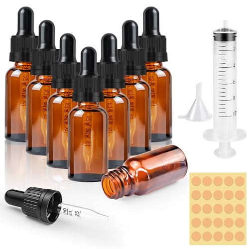 CoKeeSun 8 Stück 10ml Glasflasche mit Pipette, Wiederverwendbar Pipettenflasche, Braunglasflasche Apothekerflasche mit Trichter, Spritze, Etikett für Ätherische Öle Aromatherapie-Düfte von CoKeeSun