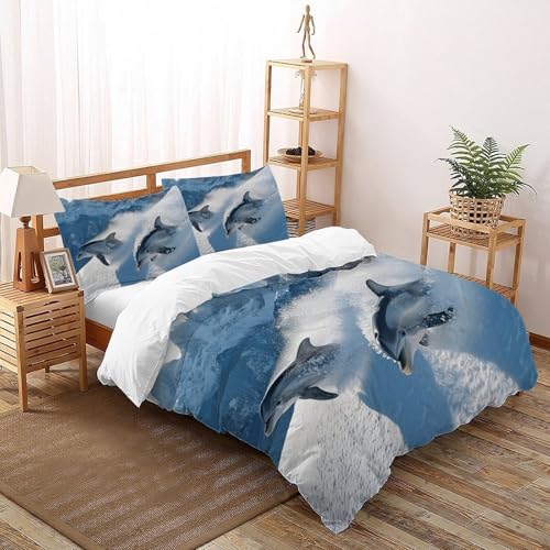 CoVeTviCT DelphinEinzelbettbezug Bettwäsche Set 3D Jungen Mädchen Kinder 3 Stück Premium Mikrofaser Mit Kissenbezügen Mit ReißverschlussSuper King（260x220cm） von CoVeTviCT