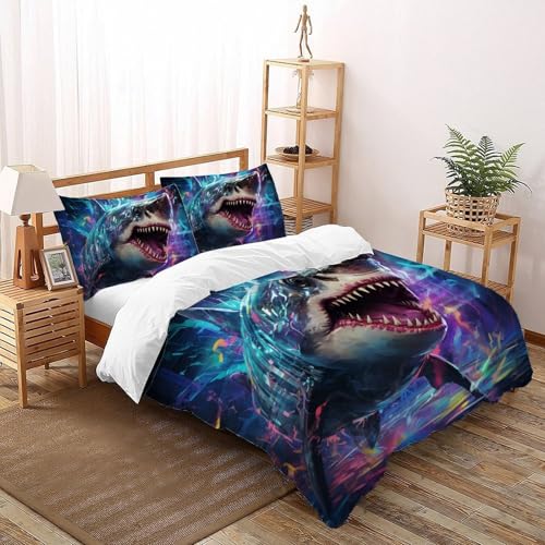 CoVeTviCT Giant SharkBettbezug-Bettwäsche-Set 3D Jungen Mädchen Kinder 3 Stück Premium Mikrofaser Mit Kissenbezügen Mit ReißverschlussSuper King（260x220cm） von CoVeTviCT