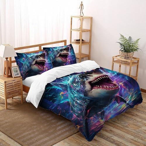 CoVeTviCT Giant SharkEinzelbettbezug Bettwäsche Set 3D Jungen Mädchen Kinder 3 Stück Mikrofaser Mit Kissenbezügen Mit ReißverschlussKing（220x240cm） von CoVeTviCT