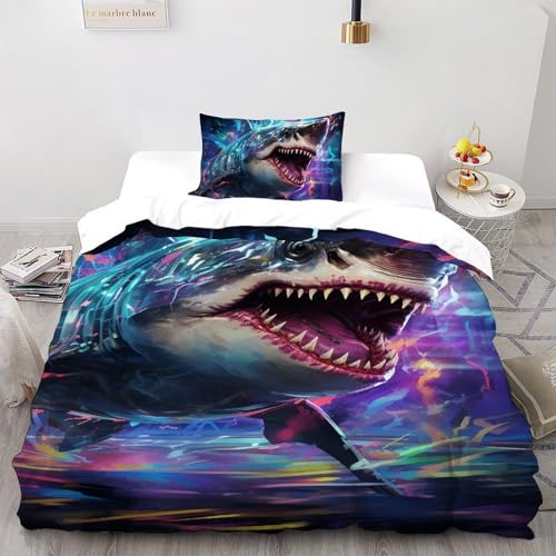 CoVeTviCT Giant SharkEinzelbettbezug-Set 3D Jungen Mädchen Kinder 2 Stück Premium Mikrofaser Mit Kissenbezug Mit ReißverschlussSingle（135x200cm） von CoVeTviCT