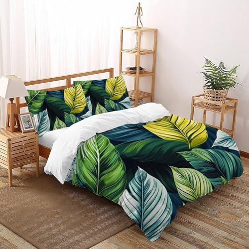CoVeTviCT Green LeavesSet-Bettwäsche-Sets 3D Jungen Mädchen Kinder 3 Stück Premium Mikrofaser Mit Kissenbezügen Mit ReißverschlussKing（220x240cm） von CoVeTviCT