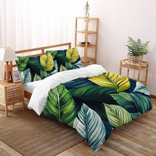CoVeTviCT Green LeavesSet-Bettwäsche-Sets 3D Jungen Mädchen Kinder 3 Stück Premium Mikrofaser Mit Kissenbezügen Mit ReißverschlussSuper King（260x220cm） von CoVeTviCT