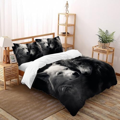 CoVeTviCT Grey WolfBettbezug-Bettwäsche-Set 3D Jungen Mädchen Kinder 3 Stück Mikrofaser Mit Kissenbezügen Mit ReißverschlussSuper King（260x220cm） von CoVeTviCT
