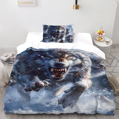 CoVeTviCT Grey WolfEinzelbettbezug-Set 3D Jungen Mädchen Kinder 2 Stück Premium Mikrofaser Mit Kissenbezug Mit ReißverschlussSingle（135x200cm） von CoVeTviCT