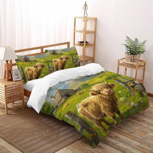 CoVeTviCT Highland KuhBettbezug-Bettwäsche-Set 3D Jungen Mädchen Kinder 3 Stück Mikrofaser Mit Kissenbezügen Mit ReißverschlussSuper King（260x220cm） von CoVeTviCT
